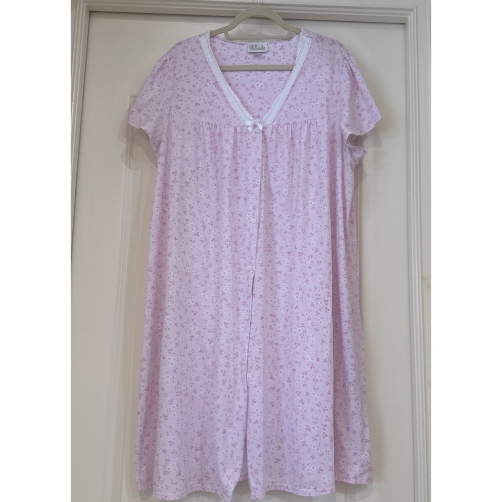 VTG Character Nightgown Housecoat Sz 2X Pink Floral Lace Trim S/S Prairie Cottag